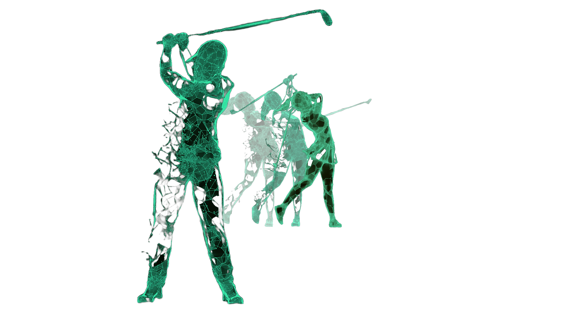 Illustrations of digitalized golfers; a male in the foreground and a female in the background.